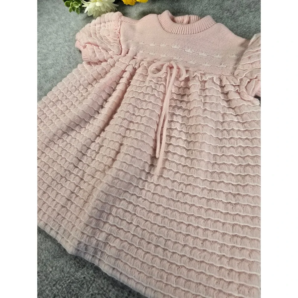 Vintage 80s Pink Knit Ruffle Baby Dress Made in Portugal Acrylic Pointelle 6-12m
